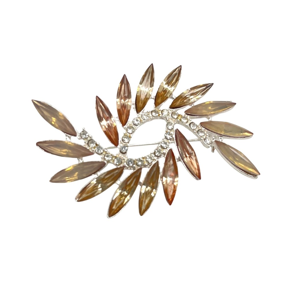 Napier Silver Tone Crystal Swirl Brooch Pin‎ Leaf Shape Amber Rhinestones